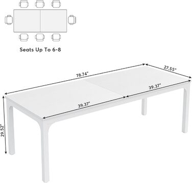 Стіл Tribesigns для кухні та їдальні, 200x70x75 см, індустріальний стиль, на 6-8 осіб, металеві ніжки, білий