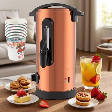 Глювайновий нагрівач 8л з 10 чашками | 1500W диспенсер гарячих напоїв з нержавіючої сталі з термостатом 30–110°C, функція підігріву та виливний кран | Глювайновий автомат для вечірок, мідно-кольоровий 8л