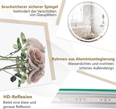 LED дзеркало для ванної кімнати Relax4Life з підсвічуванням, сенсорним вимикачем, протитуманним покриттям, регулюванням яскравості, 3 кольорами світла, індикатором часу та температури (60 x 60 см)