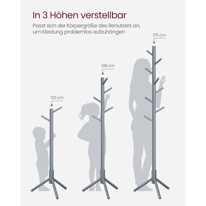Дзеркало-вішалка для одягу VASAGLE з масиву дерева, сірого кольору, 8 гачків, 3 регульовані висоти, для вітальні, спальні, офісу