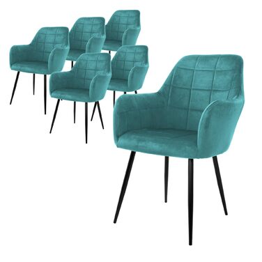 ECD Germany 6 стільців для їдальні з підлокітниками та спинкою, м'які крісла з велюровим покриттям, металеві ніжки, ергономічні стільці для обіднього столу, бірюзовий колір