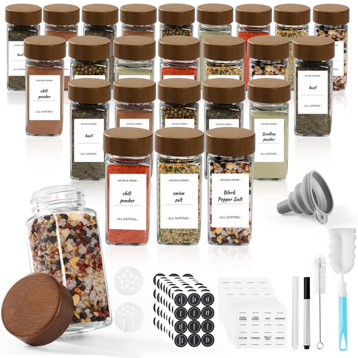 Набір скляних банок для спецій з дерев'яними кришками з акації, 24 шт по 120 мл