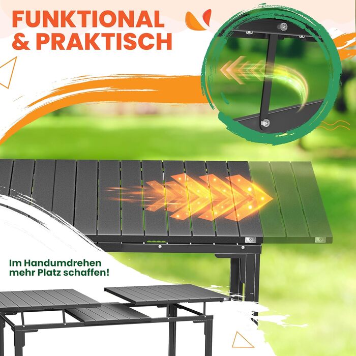 Розсувний садовий стіл KESSER® 180/240x90 см для 8 осіб, з розширенням, сталеве покриття, стільниця HDPE, вологостійкий, UV-стійкий, в комплекті 6 підставок