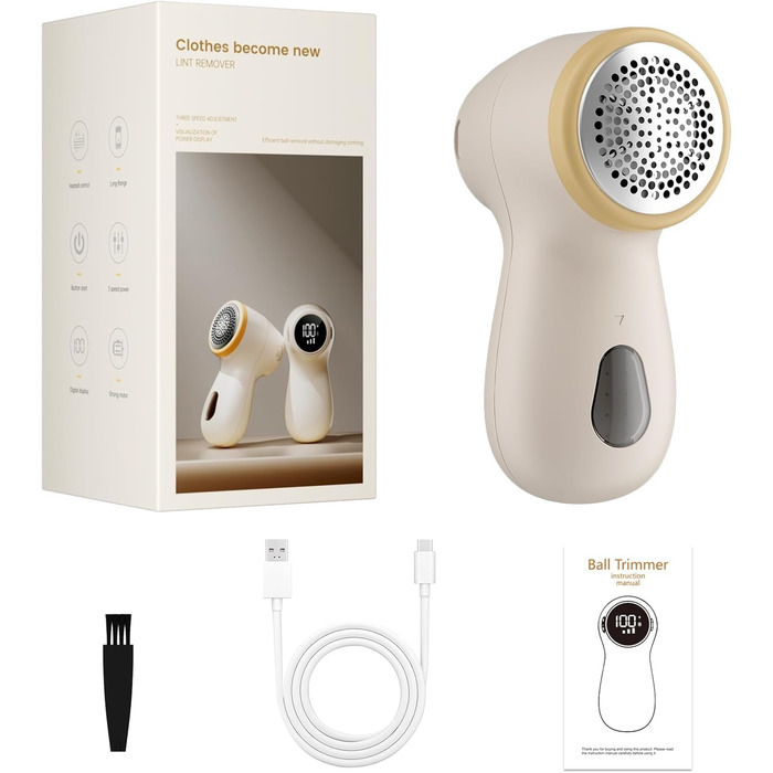 Електричний видальник для одягу та меблів, видалення ворсу, 6-лезове, перезаряджуваний, з цифровим дисплеєм, білий