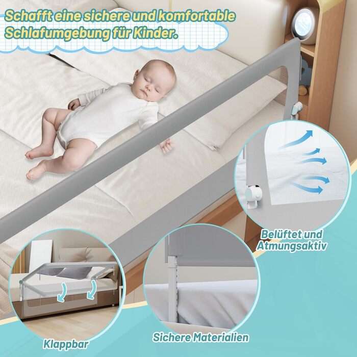 Бортик для ліжка дитячого 200 см, сірий, складаний на 180 градусів, регульована висота 72-86 см, з ременями кріплення