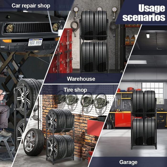 Стійка для шин BAOYOUNI на 4 шини/диски, 2 яруси, чорна. Міцна, економна, для гаража, підвалу, майстерні. 57,2 x 37,3 x 114,6 см