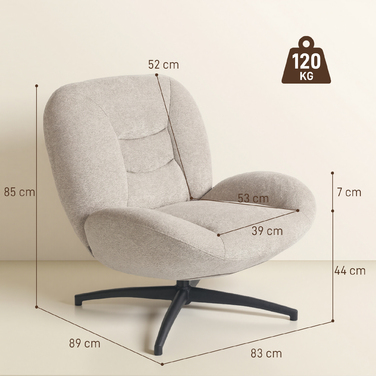 Обертовий м'який стілець, акцентний стілець з наповнювачем з ПП-бавовни, тканинне покриття, сталеве підстав'я, кремово-білий