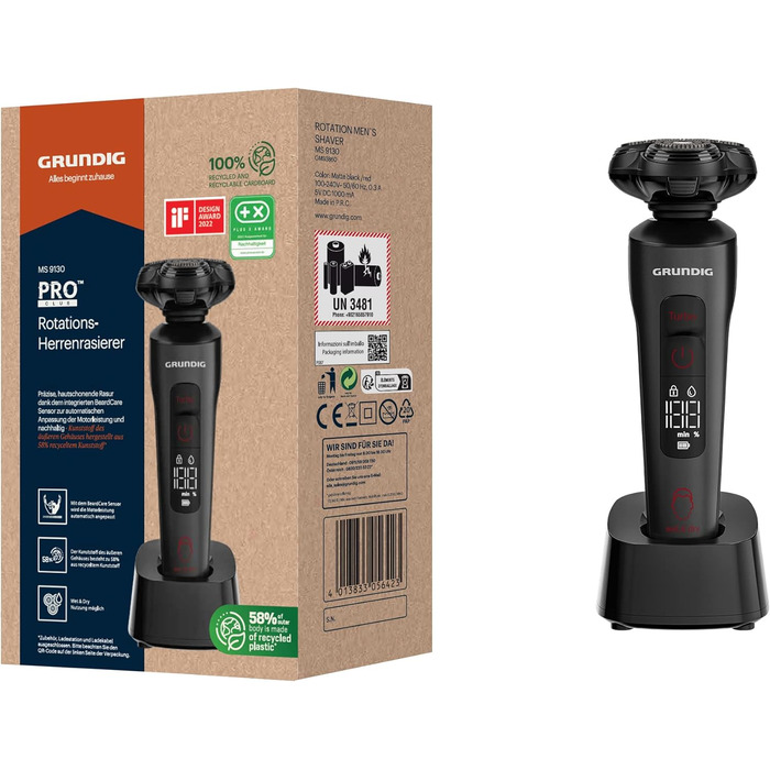 Чоловіча бритва Grundig ProClub MS 9130, датчик BeardCare, пластик зовнішнього корпусу, виготовлений на 61 з переробленого пластику, титанові леза, мокрі та сухі, тример для довгого волосся, матовий чорний/червоний