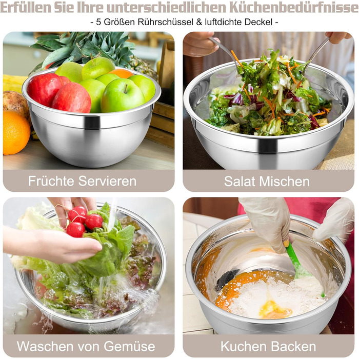 Набір мисок Homikit: 5 мисок з нержавіючої сталі з кришками та силіконовим дном, мультифункціональні, складані, придатні для миття в посудомийній машині, 6.6L / 3.5L / 2.5L / 1.5L / 1L (Хакі, з 3 тертками)