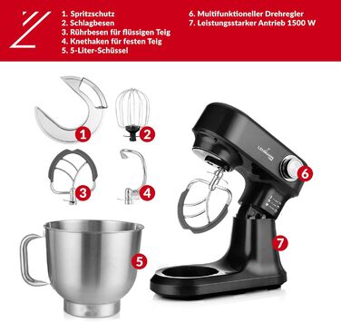 Кухонна машина Lehmann - планетарний міксер з набором аксесуарів - 3 насадки, захист від бризок, 5л чаша, 12 швидкостей, захист від перегріву, неслизька, чорний