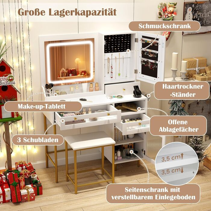 Тумбочка для макіяжу з LED-підсвічуванням COSTWAY, туалетний столик з зарядкою, дзеркало, пуф, 3 ящики, місце для фену, білий + золотий