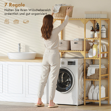 Поличкова система для пральної машини, з кількома відкритими відділеннями, для білизни та аксесуарів, виготовлена з бамбука.