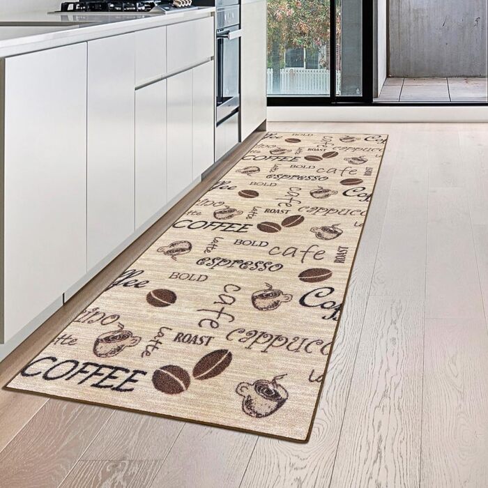 Килим Dream Coffee Kitchen Runner бежевий з гелевою спинкою і коричневим написом, 80 х 150 см