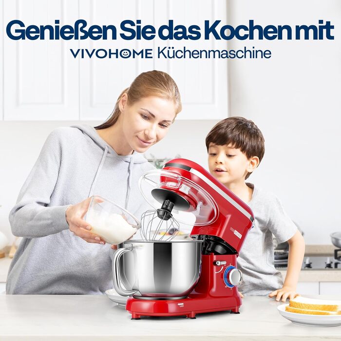 Кухонна машина VIVOHOME 5.7L: потужний міксер з 10 швидкостями, функцією імпульсу та набором насадок (червоний)