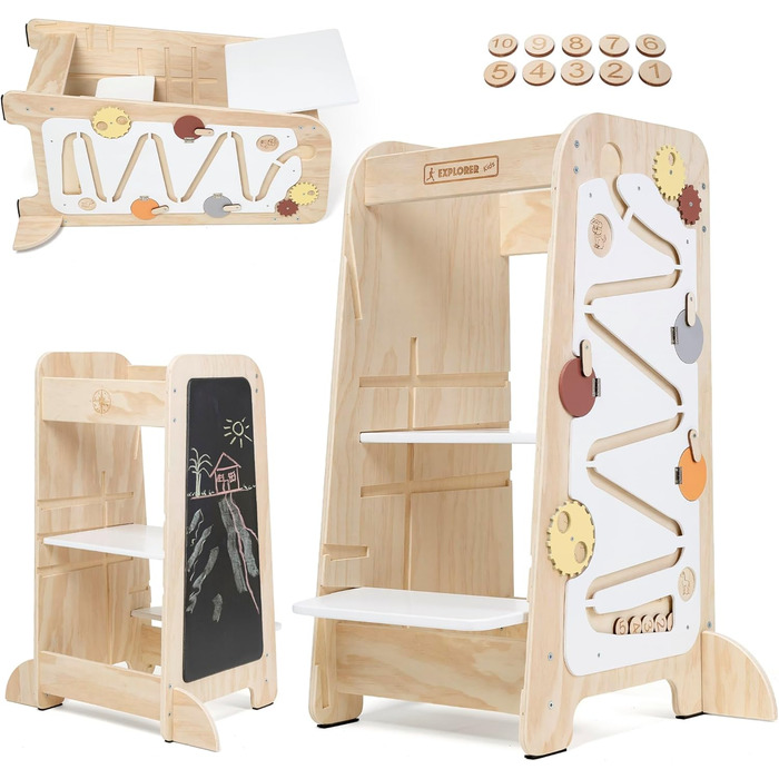 Дитячий навчальний столик-лесенка EXPLORER Kids® 5-в-1 | Монтессорі | Регульована висота, захист від перекидання | Розвиває моторику, вивчення чисел та форм | Дерев'яний, білий та салатовий | Від 1 року