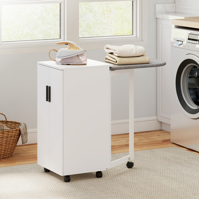 Складаний шафа-прасувальна дошка 2-в-1 на колесах з регульованою полицею для маленьких приміщень, білий
