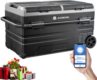 Компресорна холодильна сумка AAOBOSI з двома зонами, 115L, з Wi-Fi, USB, 12/24/240V, -20°C до 20°C для авто, вантажівки, човна, кемпінгу
