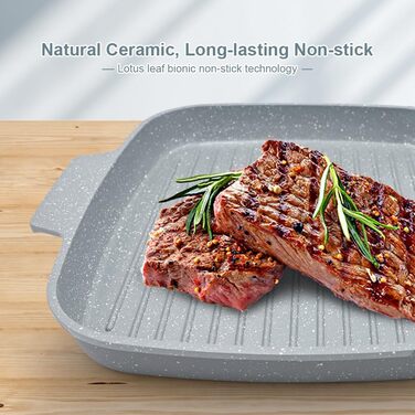 Сковорода-гриль індукційна з кришкою 26 x 24 см, антипригарне покриття кераміка, ручка знімна, для всіх типів плит (Блакитна)