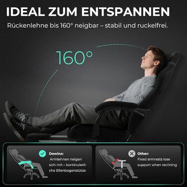 Ігровий крісло Dowinx з масажною поперековою подушкою, регульованою підголівником, потовщеним сидінням, висувною підніжкою, регульованими підлокітниками, мікрофібровим велюром, нахилом 160°, чорне