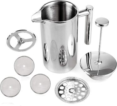 Френч-прес MaxMiuly для кави, 0,35 л, нержавіюча сталь, з подвійними стінками, 2 сита, сріблястий