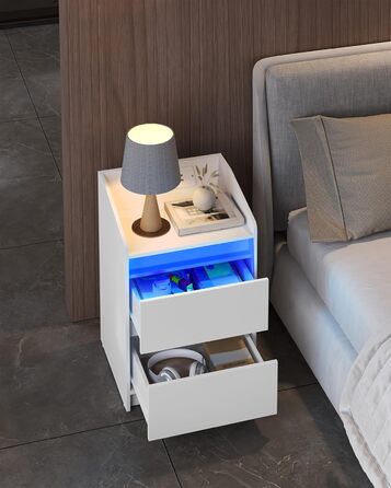 Набір з 2 приліжкових тумб з LED-підсвіткою, зарядною станцією, USB та розетками, з 2 шухлядами, білий, для спальні та вітальні, модель NS30103X
