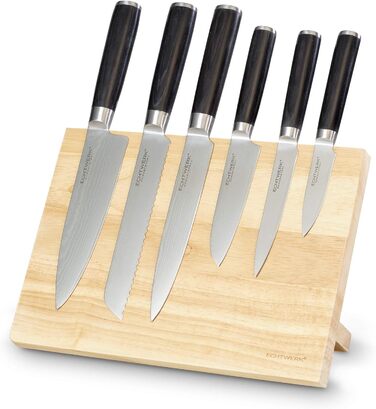 Набір кухонних ножів ECHTWERK Damast 7 предметів: кухонні ножі, ніж для хліба, ніж для філе, сантоку, універсальний ніж, ніж для очищення, ручки з пака-дерева, магнітний дерев'яний підставка