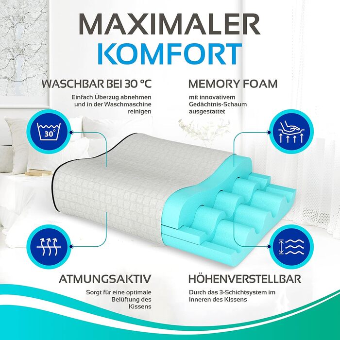 Ортопедична подушка для шиї Sleep Good з безкоштовним чохлом - проти болю в шиї - з піною з пам'яті, регульована висота - подушка для тих, хто спить на боці, сіра