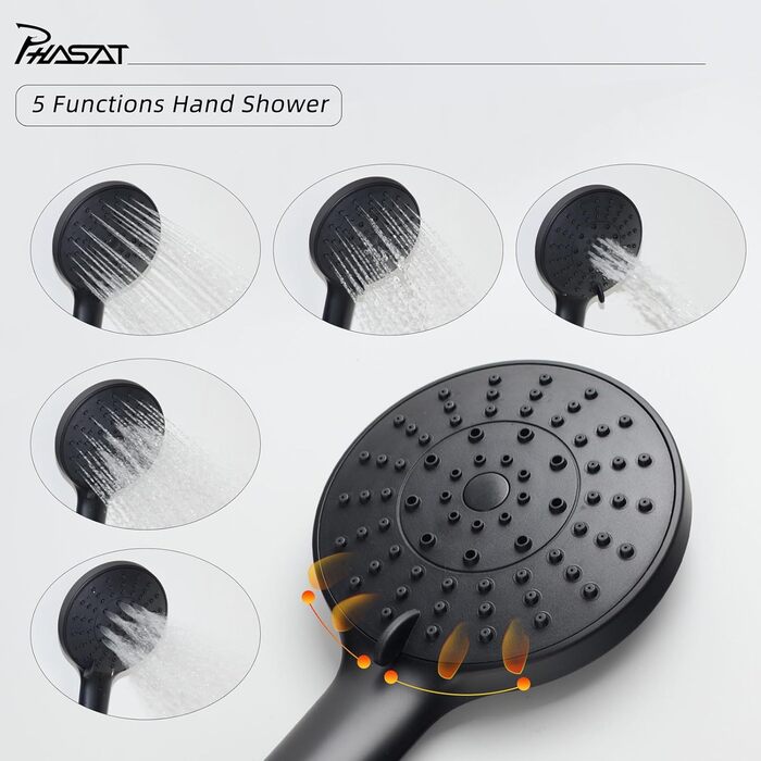 Змішувач для ванни PHASAT з витяжною лійкою, чорний, настінний монтаж, PTBB13E Long spout