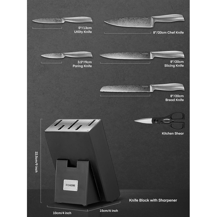 Набір ножів FOHERE 7 предметів з автозаточкою, професійний кухонний набір, з дерев'яним блоком, нержавіюча сталь, ергономічні ручки, ідеальний подарунок