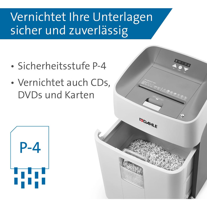 Шредер Dahle ShredMATIC 90 з автоподачею паперу, P-4, 300 аркушів, світло-сірий/сірий, без масла, без обслуговування