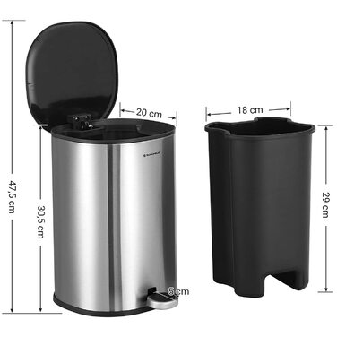 Відро для сміття SONGMIC, 5-літрове косметичне відро, відро для сміття, сталеве педальне відро, з внутрішнім відром, кришкою і ручкою, м'яке, герметичне, для ванної кімнати, туалету, сіро-чорне LTB14GS (сріблястий чорний)