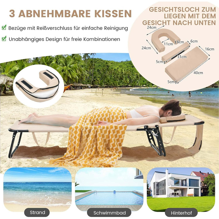Лежак для відпочинку COSTWAY з отвором для обличчя, розкладний садовий лежак з 3 знімними подушками та 5-рівневим регулюванням спинки, лежак для пляжу, саду та басейну (Бежевий, Одиночний)