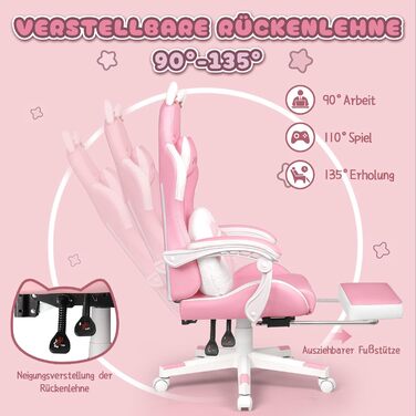 Ігровий крісло Waleaf з підголовником у вигляді лапки кота та вушками, ергономічний геймерський крісло з підніжкою, регульоване крісло для комп'ютера з PU шкіри для дівчаток-підлітків, ігрове крісло 135кг, рожеве