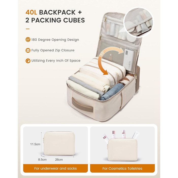 LOVEVOOK Рюкзак для ручної поклажі 40L з окремим відділенням для взуття, жіночий, великий, з вологостійким відділенням, рюкзак-валіза для подорожей (3 шт., Бежевий, Хакі)
