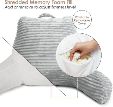 Крісло-лежак Clara Clark для дорослих - спинка для сидіння в ліжку, стандартна плюшева подушка для ліжка, подушка з подрібненим пінополіуретаном з підлокітниками та кишенями, сріблясто-сірий колір