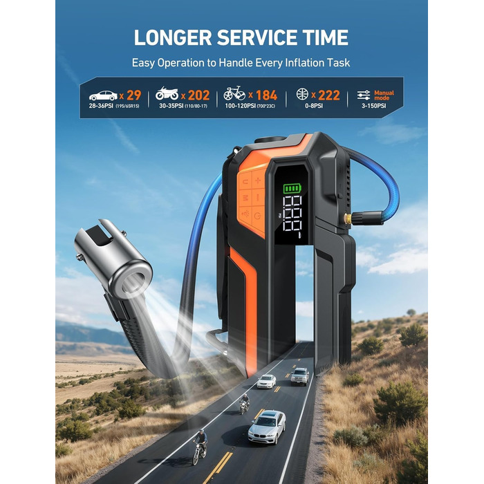 AstroAI MF16 Powerbank для запуску авто з компресором 150 PSI, 6000A, для 12V авто, мотоциклів, SUV, з LED-дисплеєм, помаранчевий