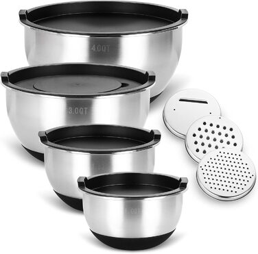 Набір мисок з нержавіючої сталі, 7 шт. з кришкою, тертки, для випічки та зберігання, складна конструкція, миюча в посудомийній машині (0,63/1/1,5/2/3/4/5 QT)
