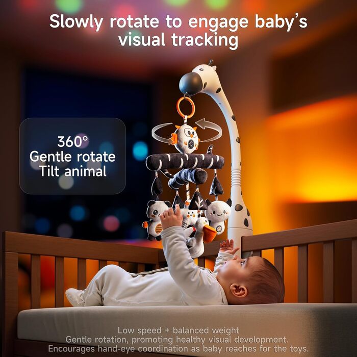 Мобіль для дитячого ліжечка TUMAMA для малюків 0-6 місяців з нічником, проєктором, музикою та білим шумом, чорно-біле іграшкове звірятко для підвішування