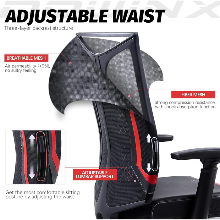 Ігровий крісло Dowinx для офісу та дому з підлокітниками 3D, регульоване, з функцією гойдання, шкіряне, поворотне, чорний/сірий (чорний/червоний)
