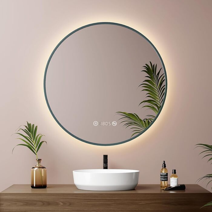 LED дзеркало для ванної кімнати EMKE, діаметр 80 см, з підсвіткою, сенсорне керування, антизапар, годинник, температура, регулювання яскравості, пам'ять, нейтральне світло, чорний колір, зелений каркас (60x60 см)
