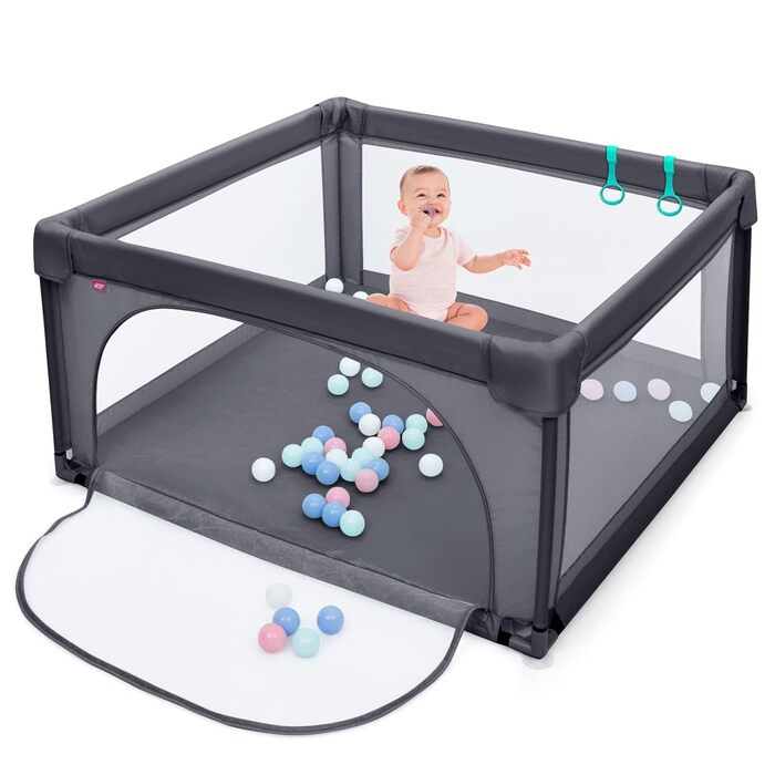 Манеж DREAMADE Baby, 120 x 120 см складний манеж з дверцятами та 50 ігровими м'ячами та кільцем, захисні ворота з дихаючою сіткою та блискавкою (темно-сірий, модель 1)