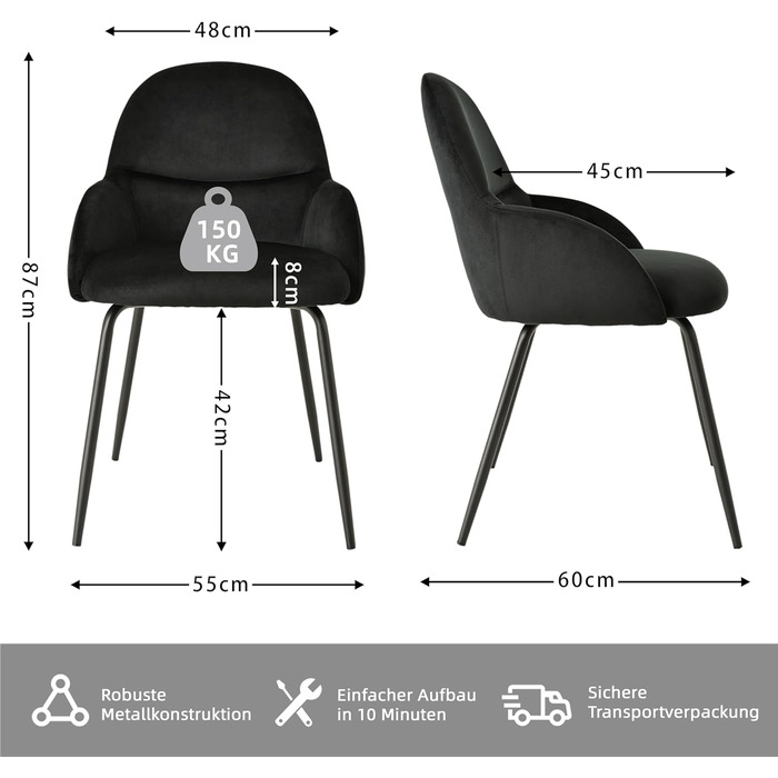 Набір обідніх стільців з підлокітниками – 4 шт. Ергономічні м'які стільці з тканинним покриттям та металевими ніжками для кухні, вітальні, їдальні, бежевий/чорний (велюр)