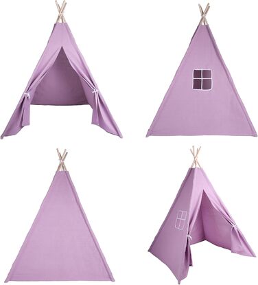 Дитячий намет-тіпі у фіолетовому кольорі | Ігровий намет-тіпі для дівчаток та хлопчиків, 140 x 120 см, бавовняний тканний матеріал зі зірочками та килимком