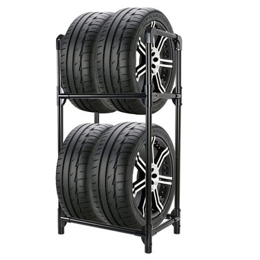 Стійка для шин BAOYOUNI на 4 шини/диски, 2 яруси, чорна. Міцна, економна, для гаража, підвалу, майстерні. 57,2 x 37,3 x 114,6 см