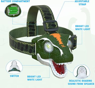 Світлодіодна фара AUKSKY Dinosaur для дітей, світлодіодна фара T-Rex Dino Toys з ревучим звуком, фара з 3 режимами освітлення, ліхтарик для читання, бігу, кемпінгу, піших прогулянок, риболовлі