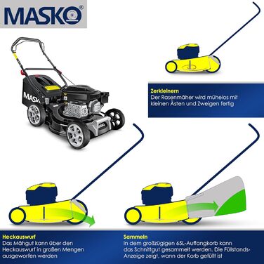 Бензиновий газонокосарка MASKO® 5in1 | Ширина косіння 51 см | 8 положень висоти | 4-тактний OHV двигун 6.0 PS | Об'єм кошика 65 л | В комплекті набір для мульчування та бічний викид (ширина 42 см, чорний/сірий)