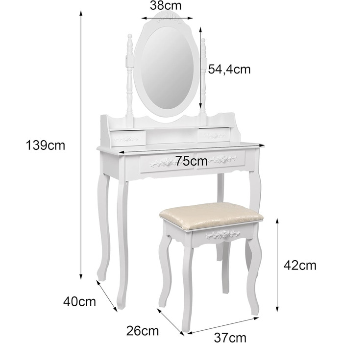 Туалетний столик ML-Design, дзеркало, табурет, 4 ящика, 75x139x40 см, Кантрі Стайл, МДФ Дерево, Білий