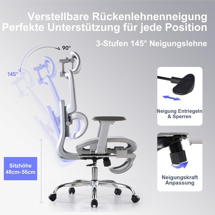 Ергономічне крісло для офісу з підніжкою та подушкою для шиї, 5-рівнева регульована спинка, 2D підтримка попереку, 3D підлокітники/підголівник, функція нахилу 145°, сітчасте сидіння, гумові колеса (Сірий, Lite)
