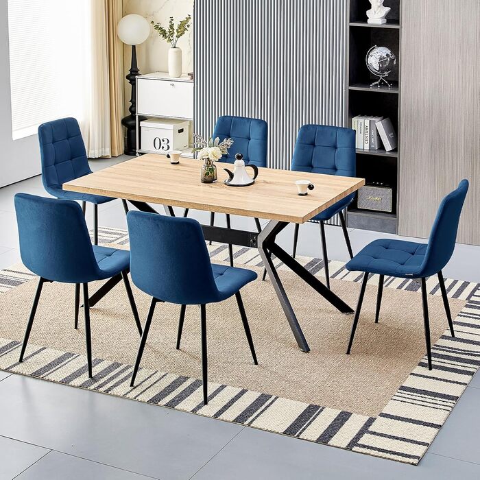 Набір обідніх стільців, м'який стілець з оксамитовою оббивкою та чорними металевими ніжками, кухонні стільці з номінальною вантажопідйомністю 120 кг, (6 шт., блакитний)