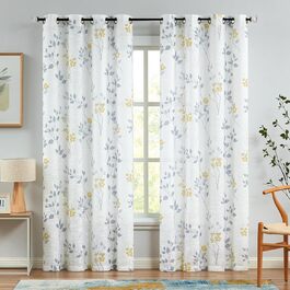 Штори Beauoop Yellow Grey Voile, Квітковий візерунок, Лляний вигляд, Комплект з 2 шт. , 127x245см, напівпрозорі